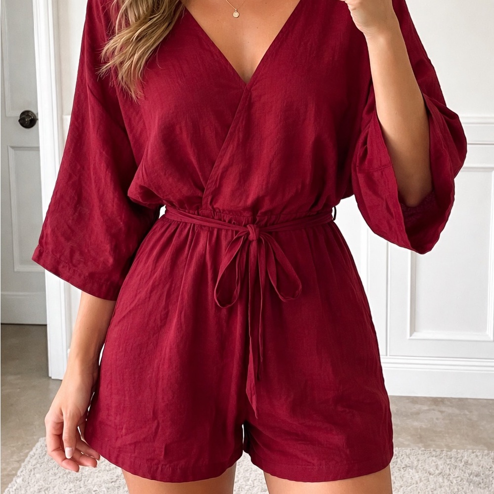 NWT BuddyLove Wine Red V-Neck Tie-Waist Kimono Romper